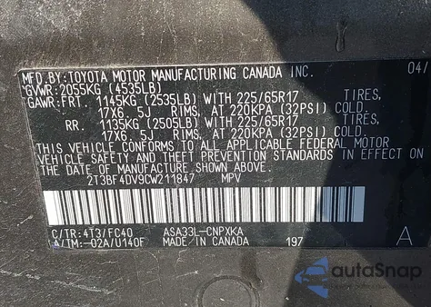 2012 Toyota Rav4 из США, поврежденный, VIN 2T3BF4DV9CW211847